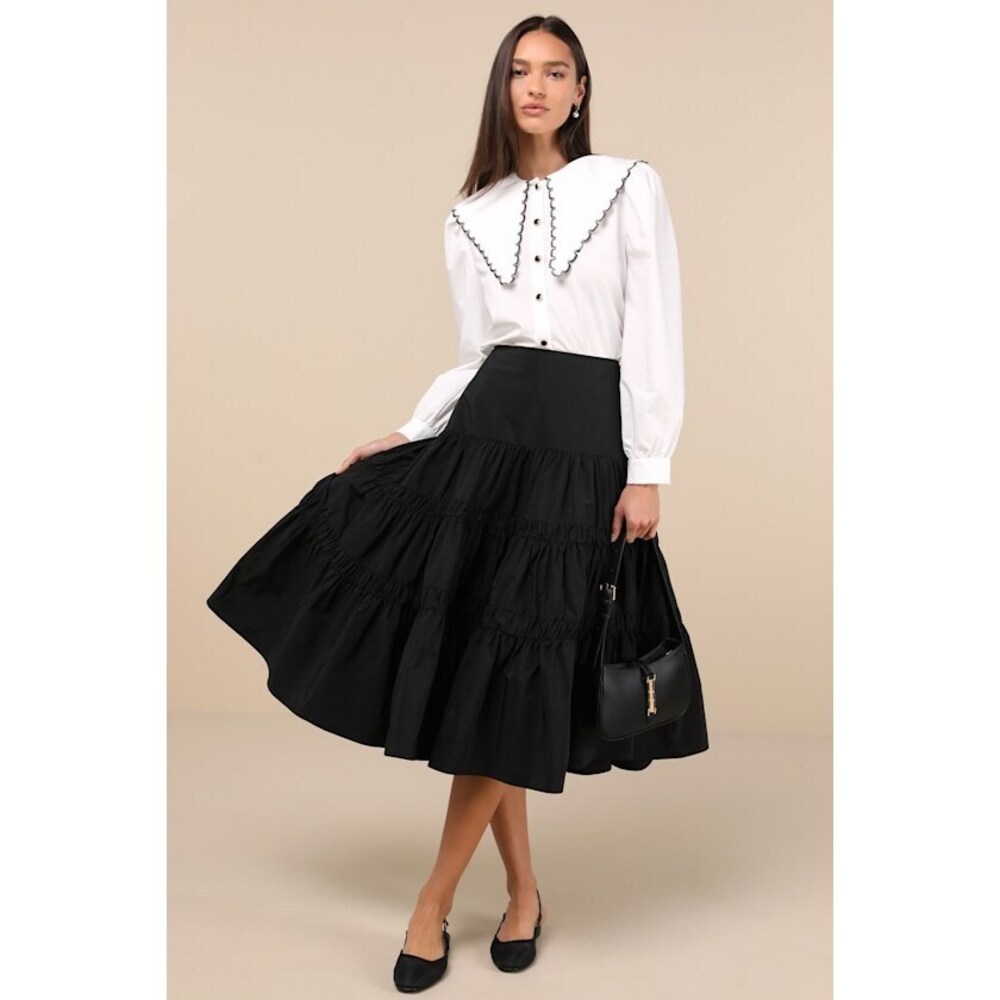 Lulus Darling Flourish Black Tiered High-rise Midi Skirt - Size S